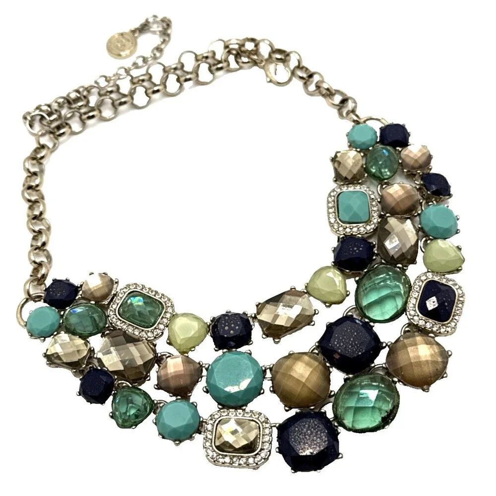 DANA BUCHMAN Teal Blue Beige Rhinestone Bib Necklace Multistrand 16